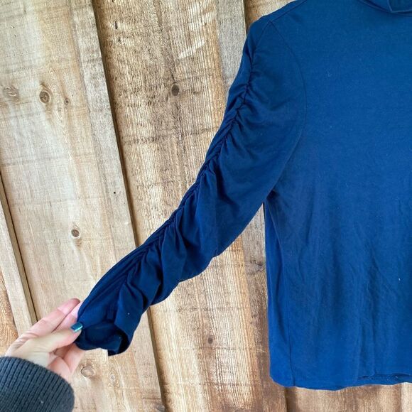 As Is" Dennis Basso Slate Blue Soft Touch Mock Neck Top with Ruched Sleeves - Picture 4 of 8